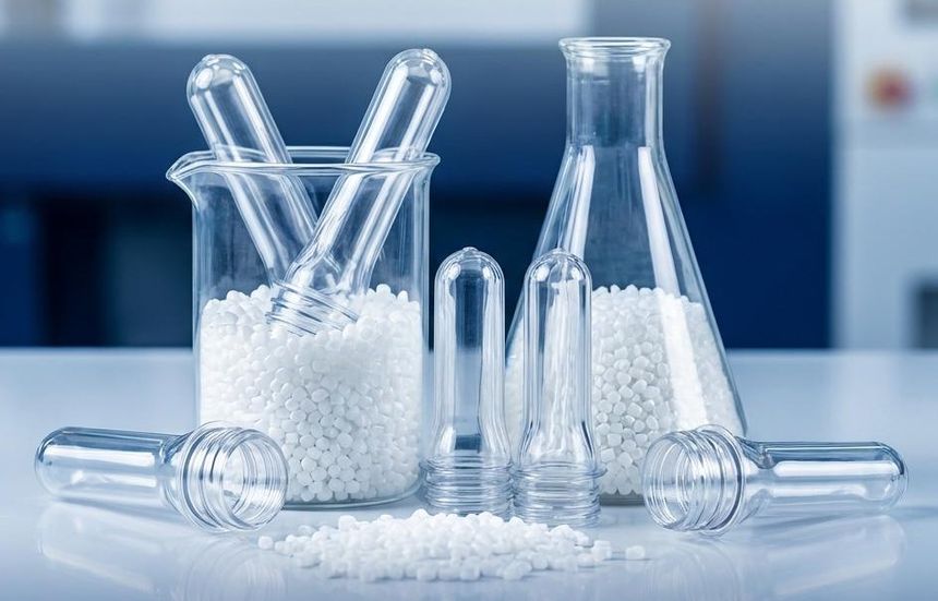 Laboratory glassware filled with PET resin pellets beside PET preforms
